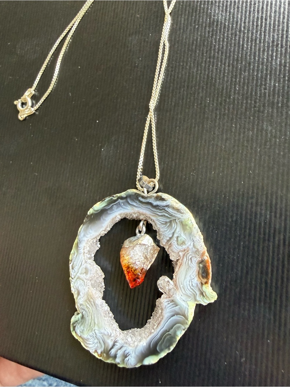 Agate Geode Pendant with Amber Crystal Accent and Sterling silver chain